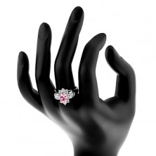 Prsten s lesklými rozšířenými rameny, barevný oválný zirkon, kulaté čiré zirkonky