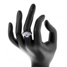 Prsten stříbrné barvy, broušený barevný ovál, kulaté a obdélníkové čiré zirkonky