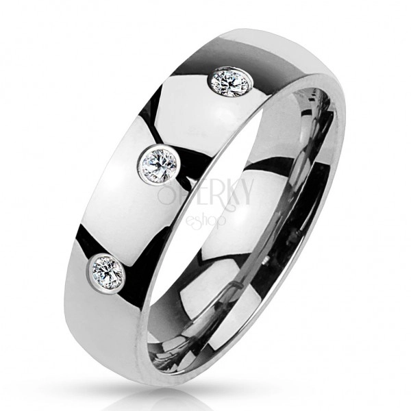 Prsten stříbrné barvy z oceli 316L, lesklý hladký povrch, tři zirkony, 4 mm