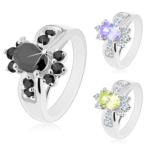 Prsten stříbrné barvy, barevný zirkonový ovál a kulaté čiré zirkonky - Velikost: 50, Barva: Světle zelená