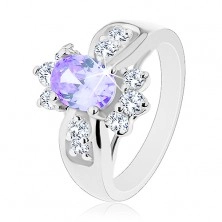 Prsten stříbrné barvy, barevný zirkonový ovál a kulaté čiré zirkonky