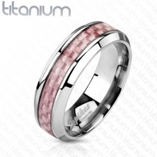 Titanový prsten stříbrné barvy, středový pás z růžových vláken, 6 mm
