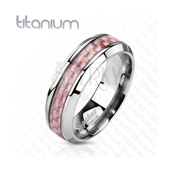 Titanový prsten stříbrné barvy, středový pás z růžových vláken, 6 mm