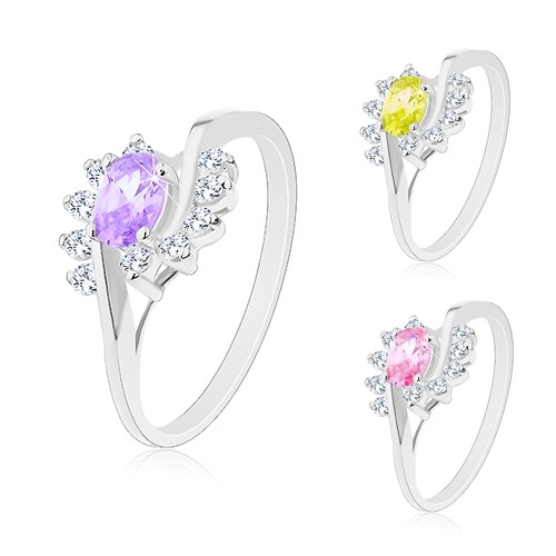 Prsten s rozdělenými rameny, obloučky z čirých zirkonů, barevný zirkonový ovál - Velikost: 60, Barva: Světle fialová