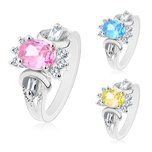 Prsten ve stříbrném odstínu, broušený barevný ovál, kulaté a obdélníkové čiré zirkonky - Velikost: 57, Barva: Růžová