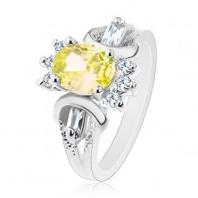 Prsten ve stříbrném odstínu, broušený barevný ovál, kulaté a obdélníkové čiré zirkonky