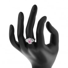 Prsten ve stříbrném odstínu, broušený barevný ovál, kulaté a obdélníkové čiré zirkonky