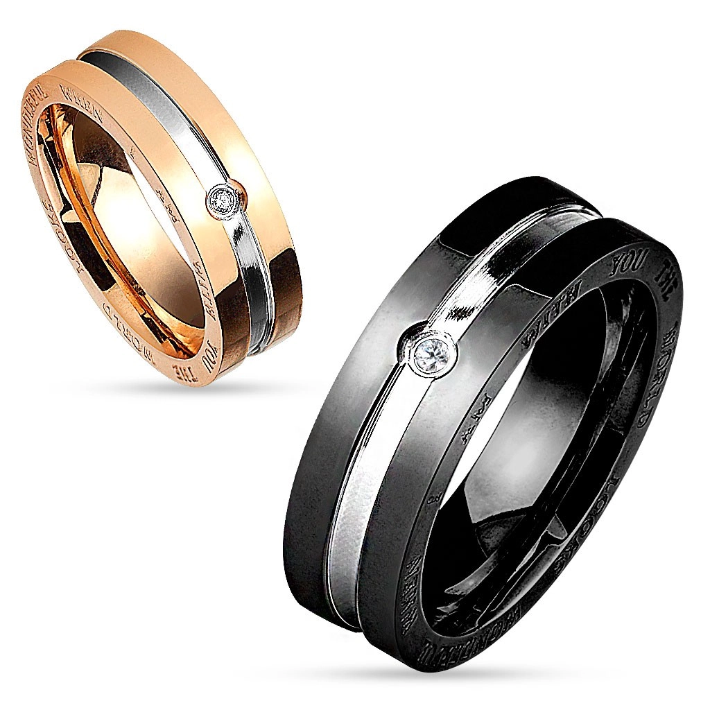 Prsten z chirurgické oceli, měděná a stříbrná barva, kulatý čirý zirkon, 6 mm - Velikost: 49