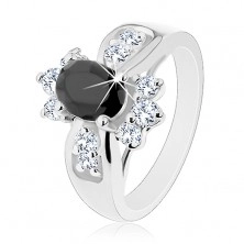 Lesklý prsten s rozšířenými rameny, barevný oválný zirkon, kulaté čiré zirkonky