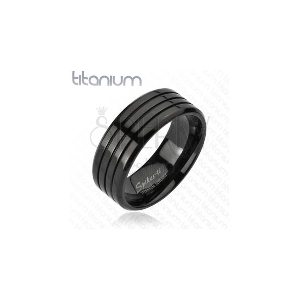 Černý prsten z titanu se třemi tenkými zářezy, vysoký lesk, 8 mm