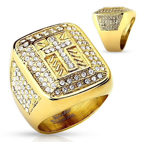 Mohutný prsten zlaté barvy, ocel 316L, čiré zirkonky, latinský křížek, zářezy