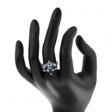Prsten s lesklými zúženými rameny, barevná broušená zrnka, čiré zirkony