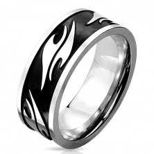 Prsten z chirurgické oceli stříbrné barvy, černý pás zdobený motivem tribal