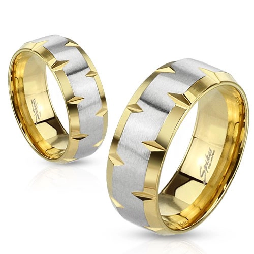 Prsten z oceli 316L, zlatý a stříbrný odstín, zářezy na okrajích, 6 mm - Velikost: 57