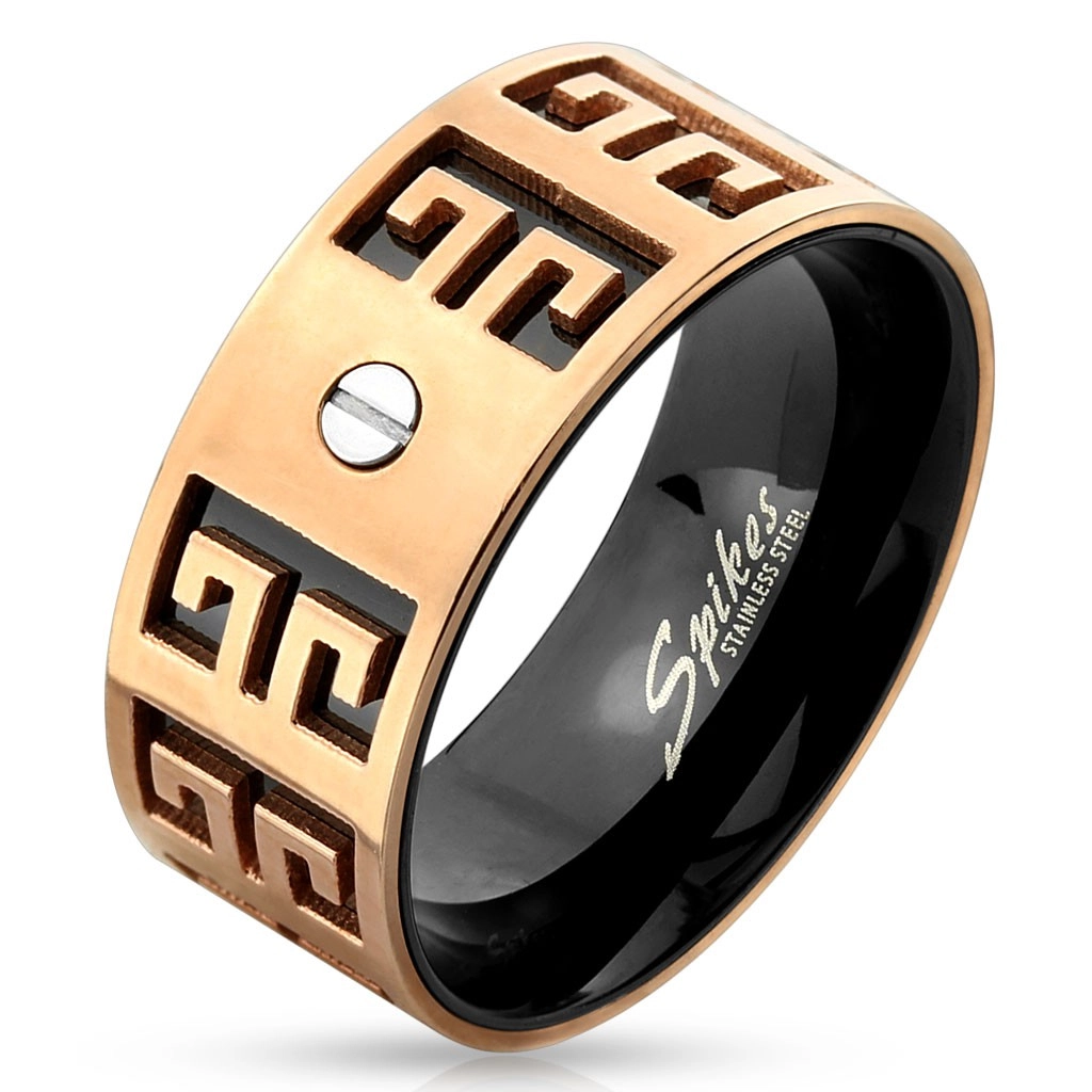 Ocelový prsten - měděno-černá kombinace, vyryté symboly, malý šroubek, 9 mm - Velikost: 70