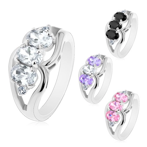 Prsten ve stříbrném odstínu, rozdvojená ramena, barevné ovály, čiré zirkonky - Velikost: 60, Barva: Světle fialová