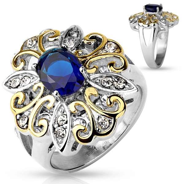 Mohutný prsten z oceli 316L, velký dvoubarevný květ, tmavomodrý oválný zirkon