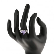 Prsten s rozdělenými rameny stříbrné barvy, čiré zirkonky, broušené ovály