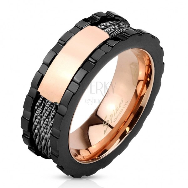 Ocelový prsten - trojbarevný, lesklý obdélník, zářezy na okrajích, tři lanka, 8 mm