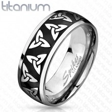 Titanový prsten stříbrné a černé barvy, lesklé okraje, keltské symboly, 8 mm