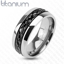 Lesklý titanový prsten stříbrné barvy, příčné zářezy na černém pásu, 8 mm