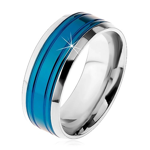 Prsten z chirurgické oceli, modrý pás, lemy stříbrné barvy, zářezy, 8 mm - Velikost: 62