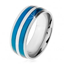 Dvoubarevný ocelový prsten, tenké pruhy v modrém a stříbrném odstínu, zářezy, 8 mm
