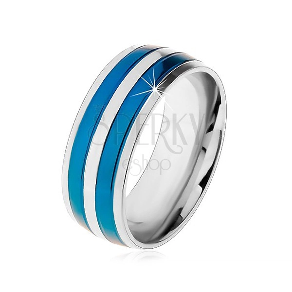 Dvoubarevný ocelový prsten, tenké pruhy v modrém a stříbrném odstínu, zářezy, 8 mm