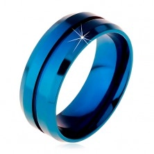 Modrý prsten z chirurgické oceli, úzký zářez uprostřed, zkosené okraje, 8 mm