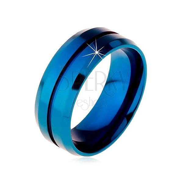 Modrý prsten z chirurgické oceli, úzký zářez uprostřed, zkosené okraje, 8 mm
