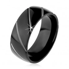 Prsten z oceli 316L černé barvy, diagonální pásy ve stříbrném odstínu, 8 mm