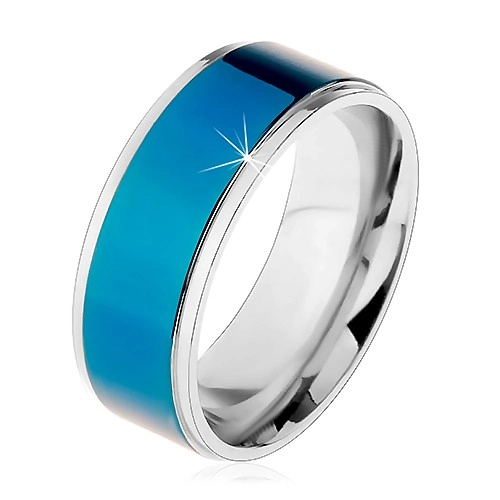 Ocelový prsten, tmavomodrý pruh, lemy stříbrné barvy, vysoký lesk, 8 mm - Velikost: 65