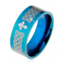 Lesklý prsten z oceli 316L, modrá barva, keltské symboly a kříž, 8 mm