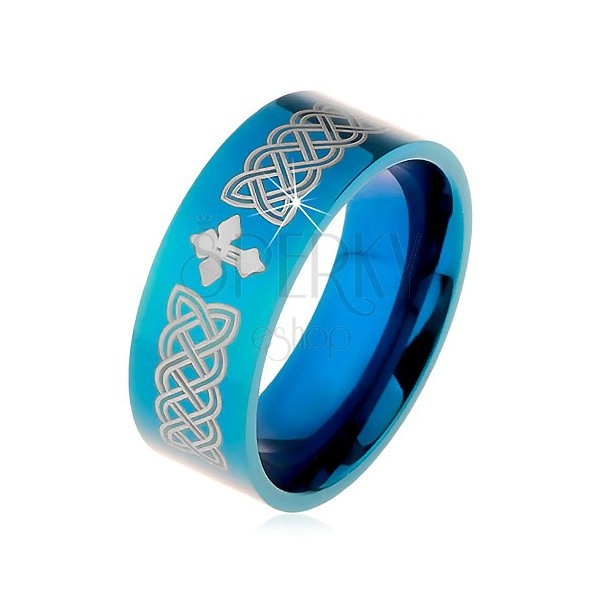 Lesklý prsten z oceli 316L, modrá barva, keltské symboly a kříž, 8 mm