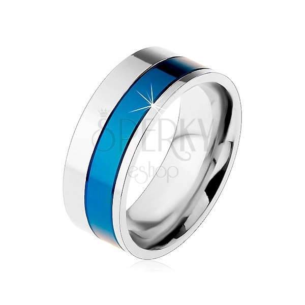 Prsten z chirurgické oceli, pásy modré a stříbrné barvy, 8 mm