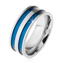 Ocelový prsten ve stříbrném odstínu, tenké vyhloubené pásy modré barvy, 8 mm