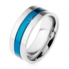 Prsten z oceli 316L, modrý středový pás, okraje stříbrné barvy, zářezy, 8 mm