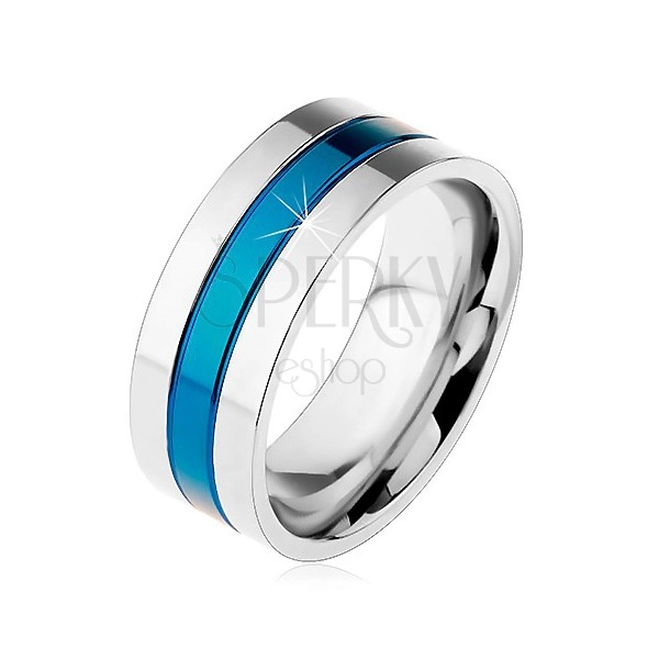 Prsten z oceli 316L, modrý středový pás, okraje stříbrné barvy, zářezy, 8 mm
