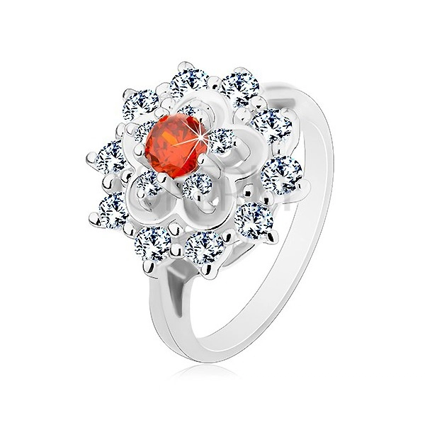 Prsten ve stříbrném odstínu, velký čirý květ s oranžovým středem