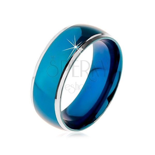 Prsten z chirurgické oceli, zaoblený modrý pruh, lemy stříbrné barvy, 8 mm
