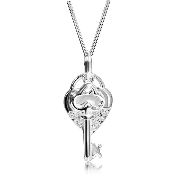 Náhrdelník stříbro 925, řetízek, srdcovitý zámek a klíč, čiré kamínky
