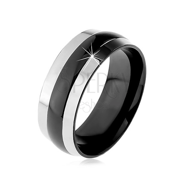 Lesklý ocelový prsten, černý středový pás, okraje stříbrné barvy, 8 mm