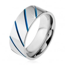 Prsten z oceli 316L stříbrné barvy, modré diagonální pruhy, 8 mm