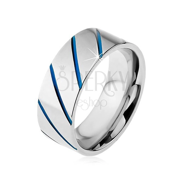 Prsten z oceli 316L stříbrné barvy, modré diagonální pruhy, 8 mm