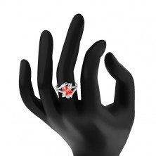 Prsten s rozdělenými rameny, dva barevné ovály, čiré zirkonky