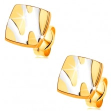 Zlaté 14K náušnice - lesklý čtverec s asymetrickými liniemi z bílého zlata
