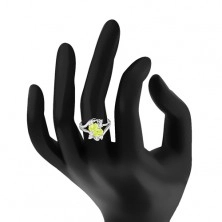 Prsten ve stříbrném odstínu, dva broušené barevné ovály, čiré zirkonky