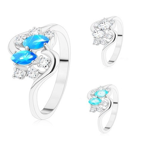 Prsten ve stříbrném odstínu, dvě barevná zrnka a kulaté zirkony čiré barvy - Velikost: 56, Barva: Světle modrá