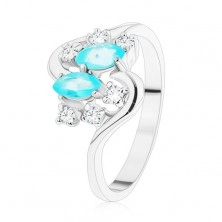 Prsten ve stříbrném odstínu, dvě barevná zrnka a kulaté zirkony čiré barvy