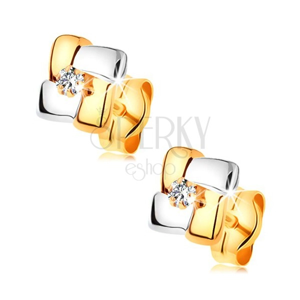 Náušnice ze 14K zlata - dvoubarevné čtverce s broušeným diamantem uprostřed